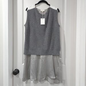 CLU Mixed Media Gray Silver Sleeveless Lambswool Knit Top with 100% Silk Details